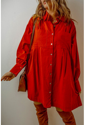 Tomato Red Bishop Sleeve Button Up Pleated Mini Shirt Dress