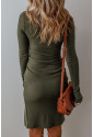 Jungle Green Ribbed Side Slit Ruched Slim Fit Long Sleeve Mini Dress