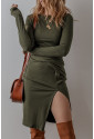 Jungle Green Ribbed Side Slit Ruched Slim Fit Long Sleeve Mini Dress