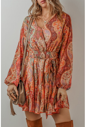 Orange Boho Paisley Print Long Sleeve Pleated Belted Mini Dress