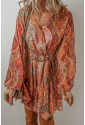 Orange Boho Paisley Print Long Sleeve Pleated Belted Mini Dress