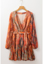 Orange Boho Paisley Print Long Sleeve Pleated Belted Mini Dress