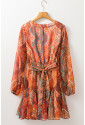 Orange Boho Paisley Print Long Sleeve Pleated Belted Mini Dress