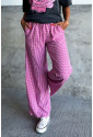 Pink Plaid Print Drawstring High Waist Wide Leg Casual Pants