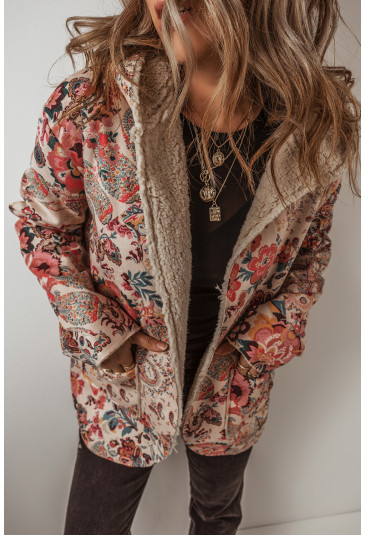 Beige Vintage Paisley Floral Printed Sherpa Lined Hooded Jacket