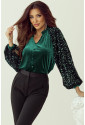 Evergreen Sequin Patchwork Sleeve Button Up Velvet Top