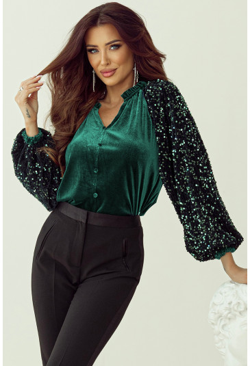 Evergreen Sequin Patchwork Sleeve Button Up Velvet Top