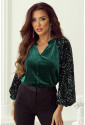 Evergreen Sequin Patchwork Sleeve Button Up Velvet Top