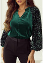 Evergreen Sequin Patchwork Sleeve Button Up Velvet Top