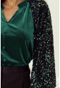 Evergreen Sequin Patchwork Sleeve Button Up Velvet Top