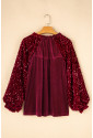 Burgundy wine red Sequin Patchwork Sleeve Button Up Velvet Top