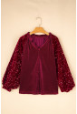 Burgundy wine red Sequin Patchwork Sleeve Button Up Velvet Top