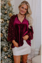 Burgundy wine red Sequin Patchwork Sleeve Button Up Velvet Top