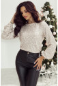 Silvery Sequin Puff Sleeve Cutout Back Blouse