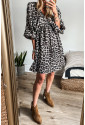 Leopard V Neck 3/4 Puff Sleeve Dress