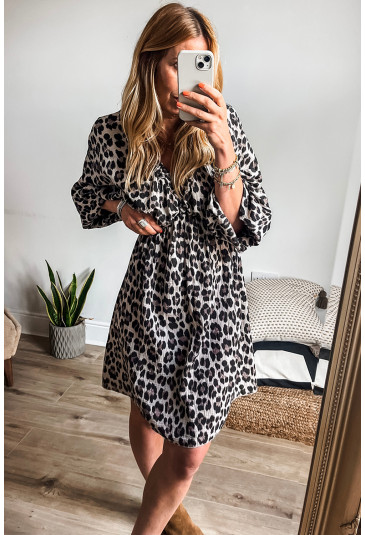 Leopard V Neck 3/4 Puff Sleeve Dress