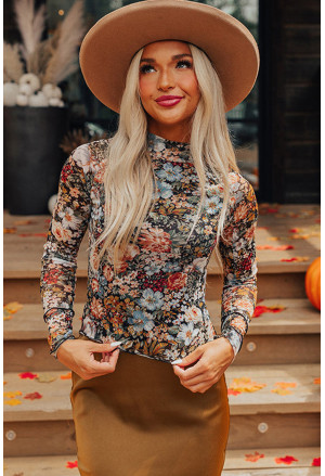 Pink Floral Long Sleeve High Neck Sheath Mesh Blouse