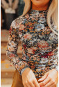 Pink Floral Long Sleeve High Neck Sheath Mesh Blouse