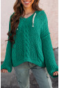 Sea Green Cable Knit V Neck Contrast Drawstring Hooded Sweater