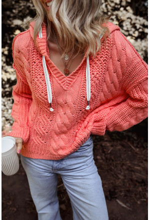 Coral Cable Knit V Neck Contrast Drawstring Hooded Sweater