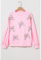 Light Pink Embroidered Bow Lantern Sleeve Oversized Pullover Sweatshirt