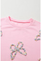 Light Pink Embroidered Bow Lantern Sleeve Oversized Pullover Sweatshirt