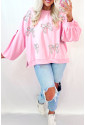 Light Pink Embroidered Bow Lantern Sleeve Oversized Pullover Sweatshirt