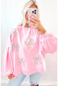 Light Pink Embroidered Bow Lantern Sleeve Oversized Pullover Sweatshirt