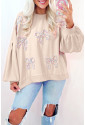 Beige Embroidered Bow Lantern Sleeve Oversized Pullover Sweatshirt