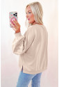 Beige Embroidered Bow Lantern Sleeve Oversized Pullover Sweatshirt