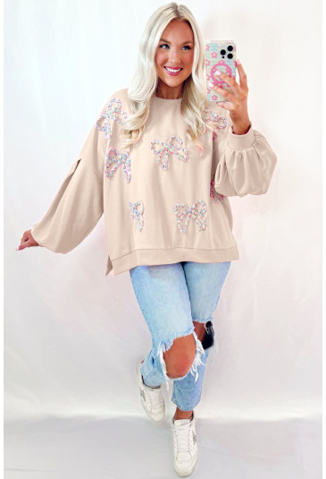 Beige Embroidered Bow Lantern Sleeve Oversized Pullover Sweatshirt