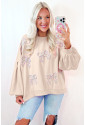 Beige Embroidered Bow Lantern Sleeve Oversized Pullover Sweatshirt