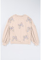 Beige Embroidered Bow Lantern Sleeve Oversized Pullover Sweatshirt