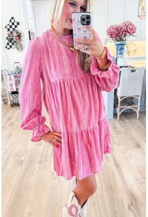 Strawberry Pink Flounce Sleeve Tiered Ruffled Velvet Mini Dress