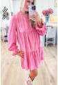 Strawberry Pink Flounce Sleeve Tiered Ruffled Velvet Mini Dress