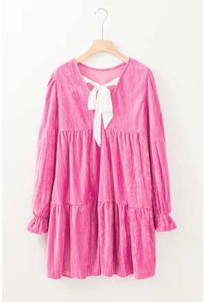 Strawberry Pink Flounce Sleeve Tiered Ruffled Velvet Mini Dress