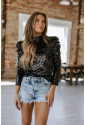 Black Sequin Mock Neck Bubble Sleeve Top