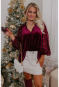 Burgundy wine red Sequin Patchwork Sleeve Button Up Velvet Top