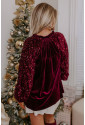 Burgundy wine red Sequin Patchwork Sleeve Button Up Velvet Top