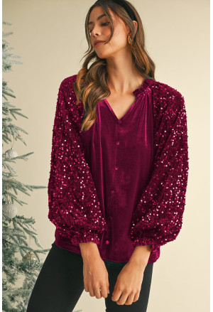 Burgundy wine red Sequin Patchwork Sleeve Button Up Velvet Top