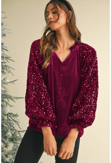 Burgundy wine red Sequin Patchwork Sleeve Button Up Velvet Top