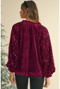 Burgundy wine red Sequin Patchwork Sleeve Button Up Velvet Top