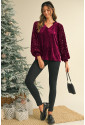 Burgundy wine red Sequin Patchwork Sleeve Button Up Velvet Top