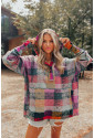 Multicolor Brushed Plaid Buttoned Pullover Oversized Hoodie