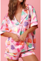 Pink Full Pattern Shirt and Shorts Satin Pajama Set