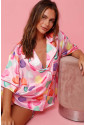 Pink Full Pattern Shirt and Shorts Satin Pajama Set