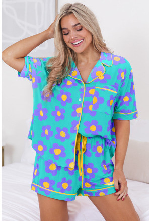 Flower Print Short Sleeve Shirt Pajamas Set