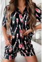 Black Champagne Print Silky Short Sleeve Pajamas Set