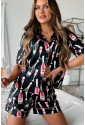 Black Champagne Print Silky Short Sleeve Pajamas Set