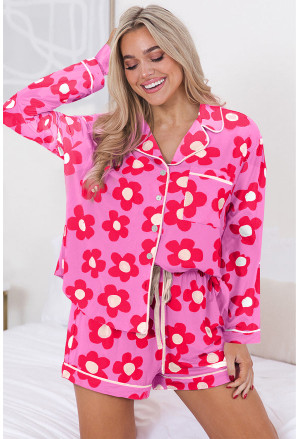 Flower Print Short Sleeve Shirt Pajamas Set